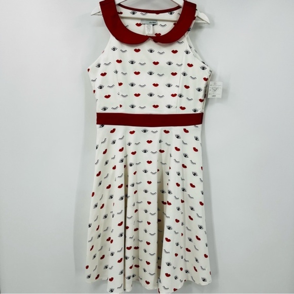 Eva Rose‎ Rockabilly Winks and Kisses Dress Vintage Chic Pin Up White Red Large